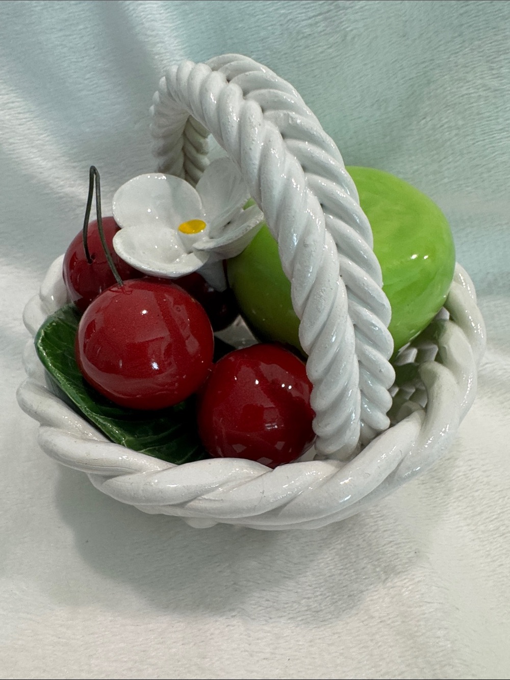 Capodimonte Fruit Basket, Small White Porcelain Basket with Cherries & Pear VTG